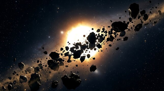 A vast astroid belt orbiting a luminous star in the deep reaches of space showcasing rocky debris and planetary formation in a dark cosmic environment