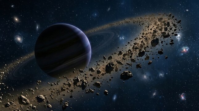 A massive ringed planet surrounded by a dense astroid belt in the deep reaches of space with distant galaxies and nebula clouds in the dark cosmos