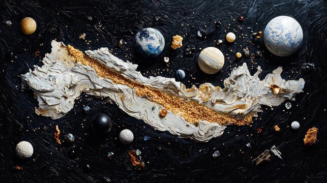 Cosmic tableau features celestial bodies floating in a dark expanse, centered by a textured, golden-veined form