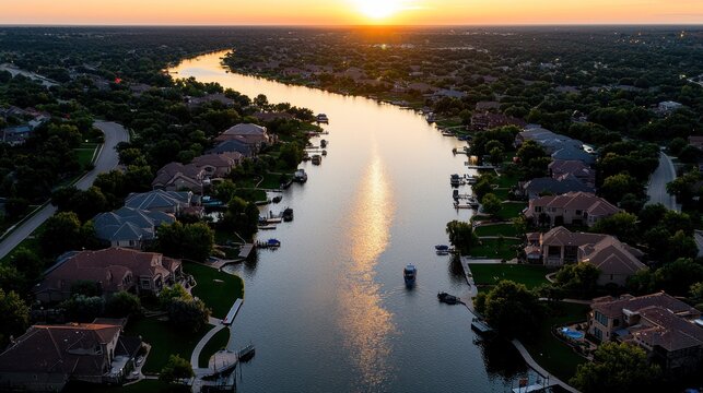 Aerial sunset view of a river cutting through a wealthy neighborhood, with boats, docks, and lush trees