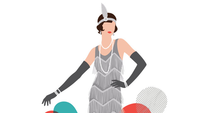 Stylish woman in a silver flapper dress with fringe and a feathered headband poses in a classic nineteen twenties fashion illustration style.