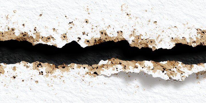 Textura de papel blanco rasgado con bordes manchados y una grieta profunda que revela un fondo negro oscuro para dise&ntilde;os creativos y abstractos.