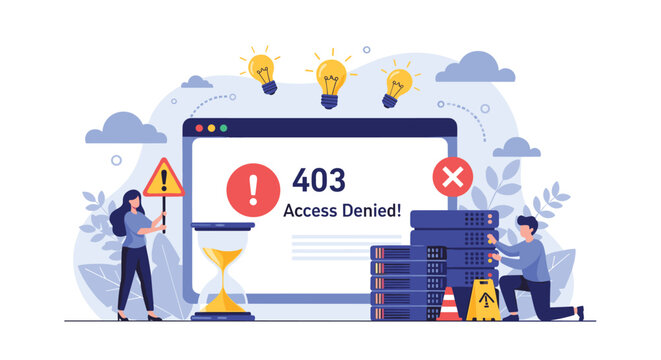 Creative illustration for a 403 access denied error page featuring people working with servers, an hourglass, and warning signs.