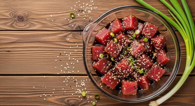 Tuna salad with sesame seeds on wooden table.