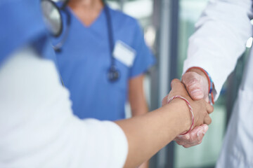 Nurse, doctor and handshake in clinic, closeup and agreement for shift schedule. Medical service,...
