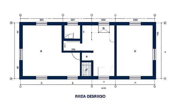 A blueprint showing the layout of a building, marked with measurements and dimensions. Features rooms, doors, and a staircase