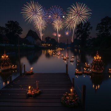 Beautiful Loy Krathong festival at night with floating baskets on the river and colorful fireworks in the sky. Traditional Thai cultural celebration.