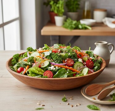 Fresh garden salad with mixed greens, cherry tomatoes, and cucumbers served in a rustic wooden bowl. Healthy organic meal on a bright wooden table.