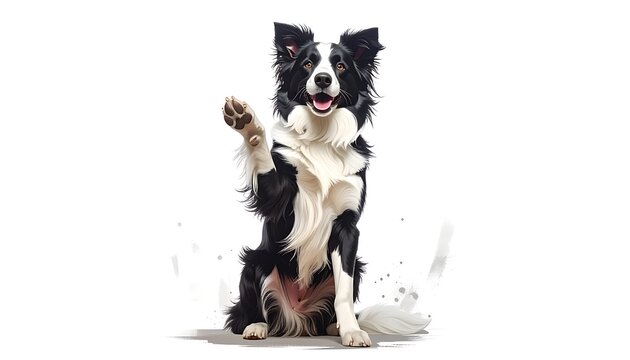 A border collie in a studio shot, isolated on white background. The dog is positioned as though it is offering a 'high five' pose