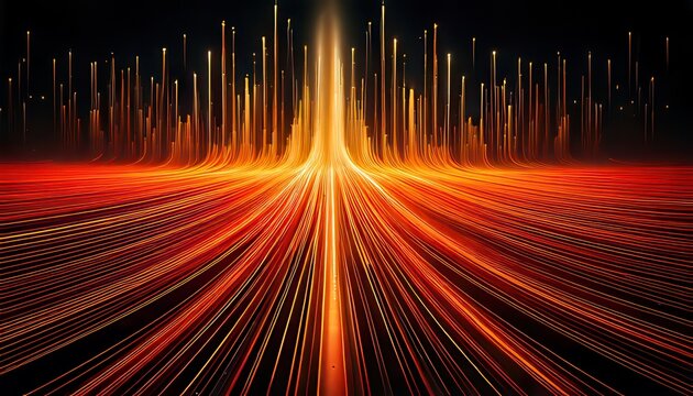Representaci&oacute;n digital de fibra &oacute;ptica con estelas de luz naranja vibrante fluyendo hacia el horizonte en un entorno tecnol&oacute;gico futurista y din&aacute;mico.
