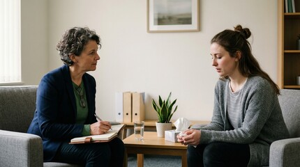 Fototapeta premium Therapist talking to a sad woman in a therapy session, mental health support