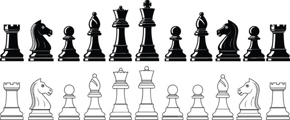 Chess pieces outline and silhouette set, black and white board game elements, strategy concept illustration, king queen rook bishop knight pawn © MDRAKIB