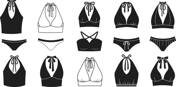 Bikini and halter top set, women swimwear collection, fashion beach outfits with bow knot, apparel illustration isolated design