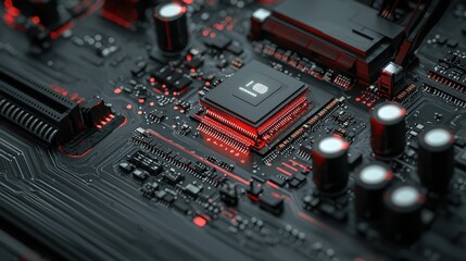Fototapeta premium Close-up of a complex circuit board, with red glowing elements, intricate pathways, and a central processing unit