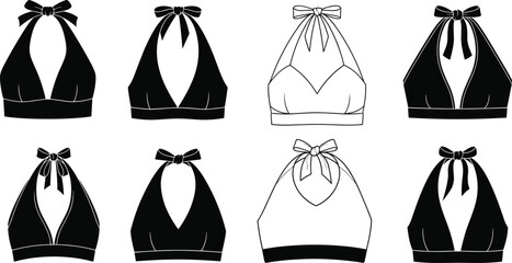 Fototapeta premium Women halter top set, fashion clothing collection, summer crop tops with bow knot, apparel illustration isolated black white design