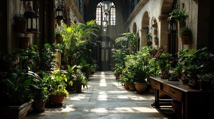 Fototapeta premium A sunlit, arched hallway filled with lush greenery and potted plants creating a serene and inviting space