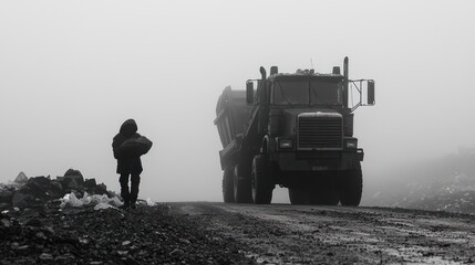 Fototapeta premium A lone figure walks past a large truck on a gravel road shrouded in mist, a study in scale and isolation