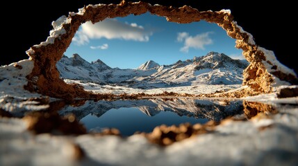 Fototapeta premium A rugged earth frame showcases a majestic, snow-capped mountain range, reflected in still water under a cloudy sky