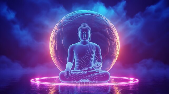 Digital illustration of a meditating Buddha with dynamic light and atmosphere around him.