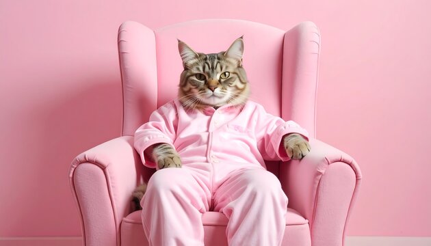 A cat in pink pajamas sits in a pink chair