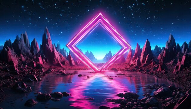 Paisaje futurista con un rombo de ne&oacute;n rosa brillante sobre un lago tranquilo rodeado de monta&ntilde;as rocosas bajo un cielo estrellado nocturno.
