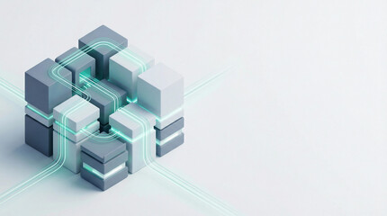 Naklejka premium Abstract 3D isometric cube with glowing data paths representing blockchain structure and cloud computing integration with copy space.