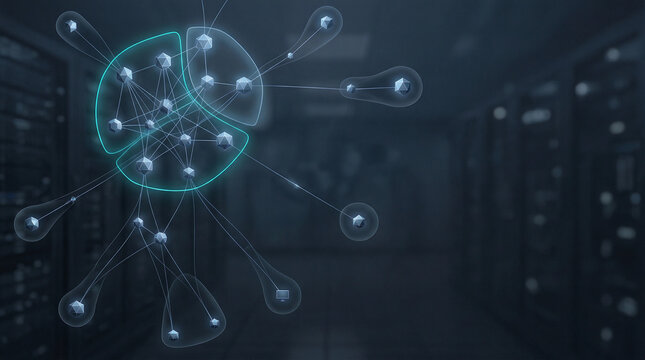 Abstract glowing computer virus and malware anomaly detection concept over blurred data center server room background.