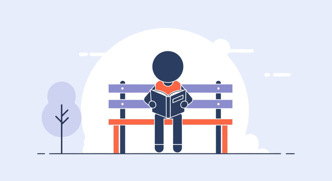 Stylized person enjoying quiet leisure time, engrossed in reading a book on a park bench, symbolizing relaxation, intellectual pursuits, and a peaceful outdoor moment