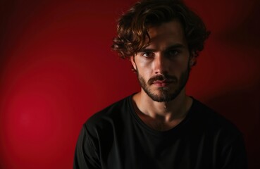 Obraz premium Man with beard and curly brown hair poses against red wall. He wears black t-shirt, looks seriously at camera. Studio portrait with dramatic lighting. Modern male fashion style concept.