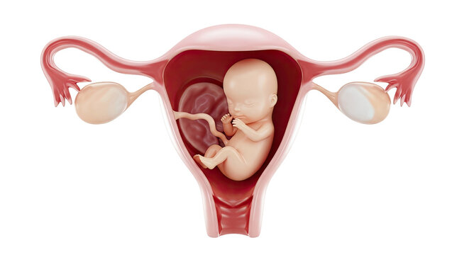 Fetus developing inside uterus with ovaries and fallopian tubes