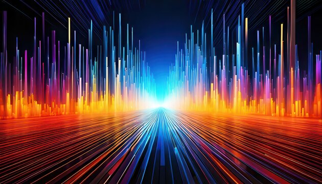 Paisaje digital futurista con barras de luz verticales y senderos de fibra &oacute;ptica que representan la velocidad de la informaci&oacute;n masiva.