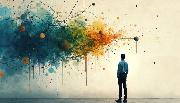 Man looks at abstract colorful network cloud with planets. Represents complex thoughts neural connections and emotional intelligence. Conceptual idea of mind and ideas.