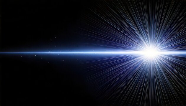 Fondo abstracto de destello de lente azul con rayos de luz brillantes y haz horizontal sobre un espacio oscuro cinematogr&aacute;fico.