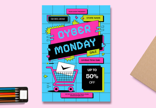 Cyber Monday Sale Poster with Retro Pixel Style Shopping Cart Design