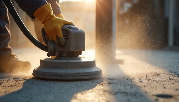 Worker uses floor grinder on concrete. Machine creates dust during leveling and polishing concrete surface. Construction professional prepares floor for renovation.