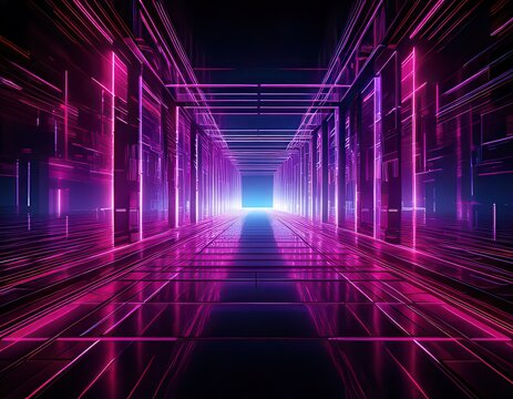 T&uacute;nel futurista con luces de ne&oacute;n en tonos violeta y azul que representa un centro de datos digital o una placa base tecnol&oacute;gica avanzada.