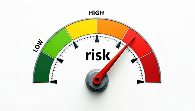 Risk meter shows gauge from low to high levels. Red indicator points to high danger zone on scale. Infographic illustrates assessment measure.