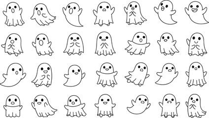 Fototapeta premium Cute ghost doodle collection with different expressions simple line art spooky cartoon characters halloween vector illustration set