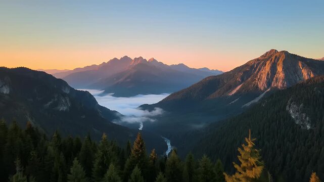 Golden sunrise illuminates misty valleys and majestic mountain peaks