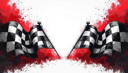 Fototapeta premium Two checkered flags wave dynamically with red ink splashes and white background. Symbolizes competition victory and finish line achievement.