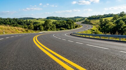 Fototapeta premium Winding Asphalt Road Through Green Rolling Hills Under a Blue Sky