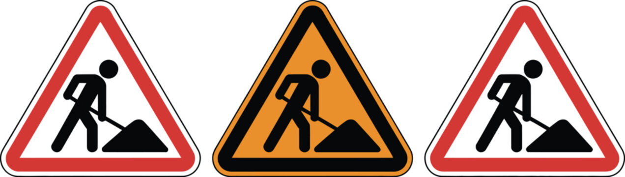 Roadwork warning signs set, essential construction safety icons featuring under construction road sign man digging symbol and work in progress alerts.