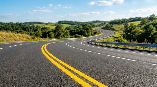Winding Asphalt Road Through Green Rolling Hills Under a Blue Sky