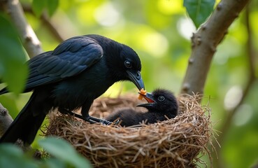 Obraz premium Adult crow feeds small baby bird in twig nest. Parent bird puts food in chick beak. Nestling waits for meal on tree branch. Cute young animal life.