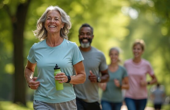 Diverse group of middle-aged friends jog in park nature. Active seniors run together on sunny day, smiling and healthy. Outdoor fitness for older adults enjoying morning exercise.