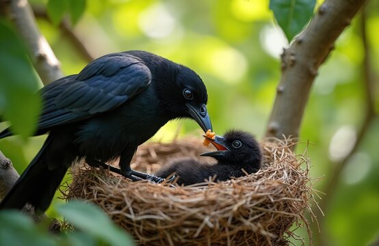 Adult crow feeds small baby bird in twig nest. Parent bird puts food in chick beak. Nestling waits for meal on tree branch. Cute young animal life.