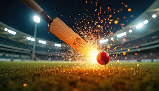 Cricket bat strikes red ball creating bright sparks and intense light during night game in stadium. Fans watch match under floodlights on green field. Intense competition and fast action.