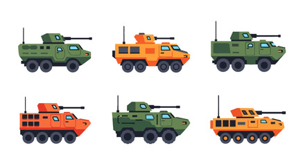 Fototapeta premium Military Armored Vehicle Vector Illustration Set, APC Infantry Fighting Vehicles, and Army Transport in Flat Design Style Isolated on White Background