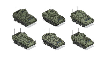 Isometric Military Vehicle Illustration Set, Collection of Armored Tanks and APCs Isolated on White for Game Assets and Infographics. © Imroatul mutmainah