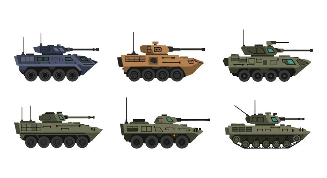 Set of Military Armored Vehicles and Tanks Vector Illustration, Flat Style Army Combat Transport Icons Isolated on White Background.